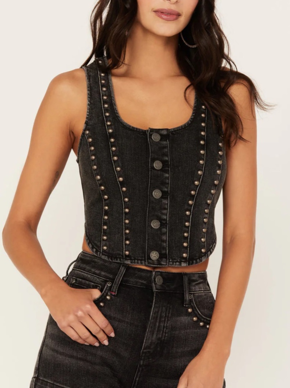 Idyllwind Black Washed Denim Vest with Matte Studs